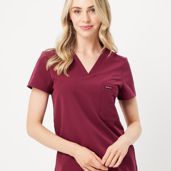 maroon women's scrub top