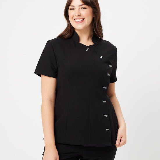 black tailored scrub top from scrub lab