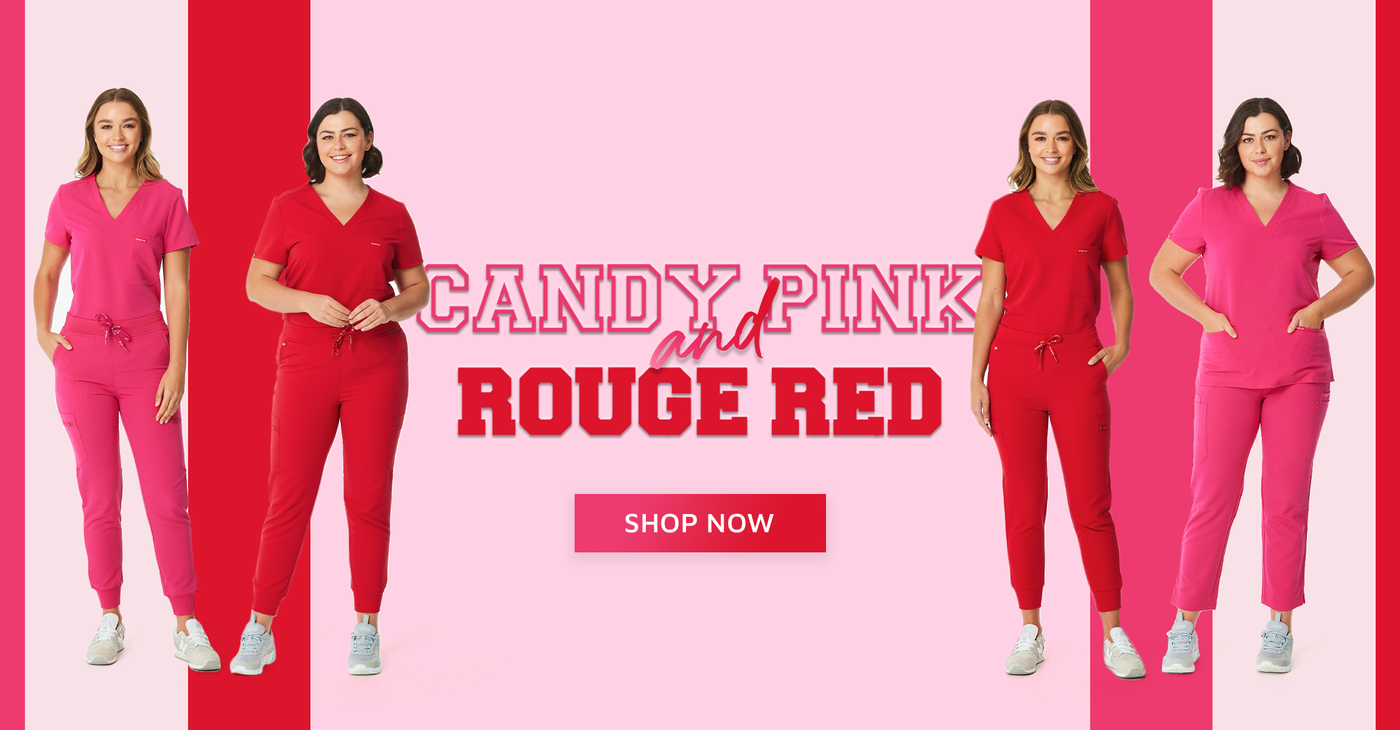 pink and red nursing scrubs promo image