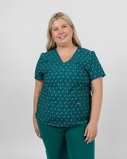 ELIZABETH Two Pocket Scrub Top - Candy Cane Lane