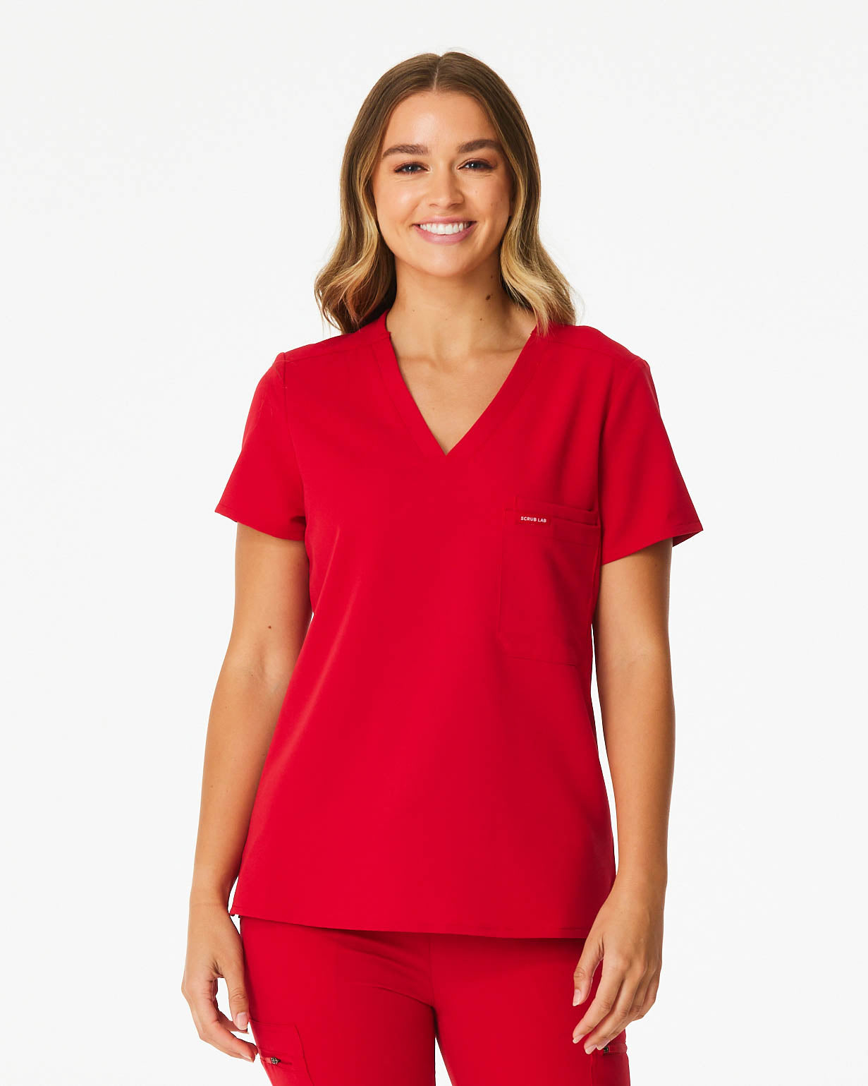 red women's scrub top